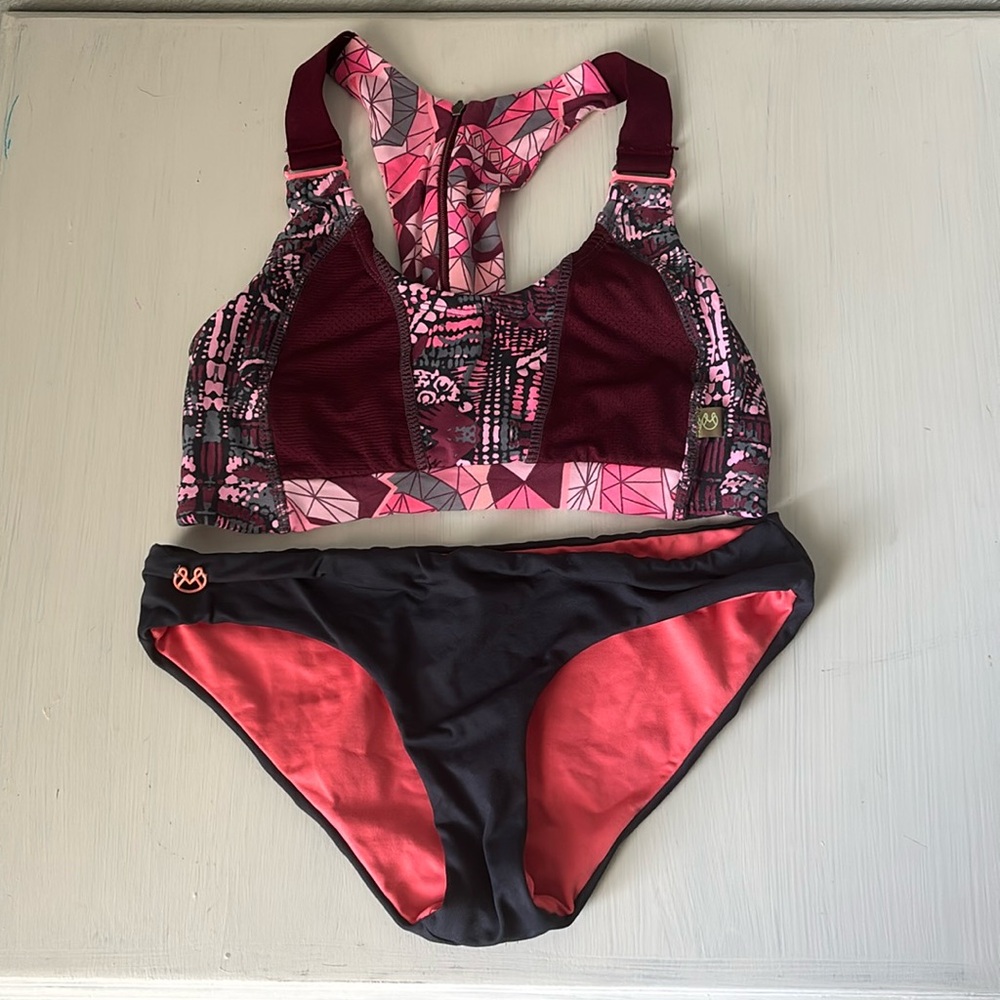 Maaji Geometric Print Racerback Bikini Top and Solid Reversible Bottoms